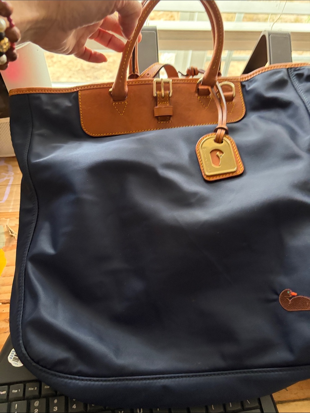 Navy and Tan Leather-Trim Tote Bag -  Dooney Bourke